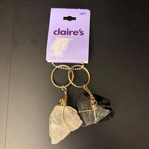 NWT Claire's Crystal Quartz Obsidian Raw Rock Wrapped Keychain Gold Tone‎